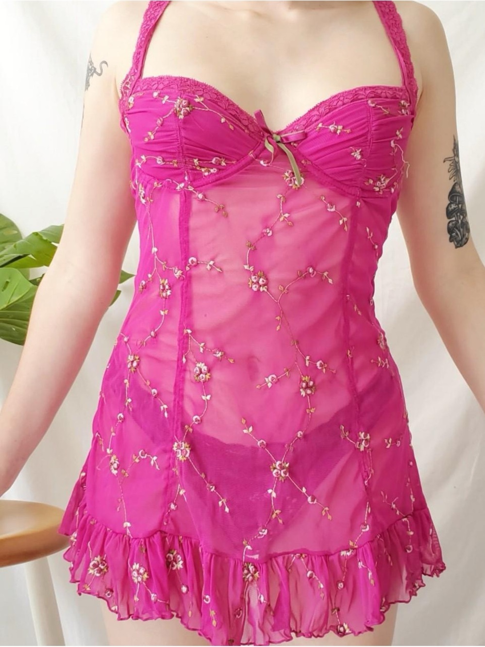Vintage Sheer Magenta Pink Chemise Baby Doll Dress